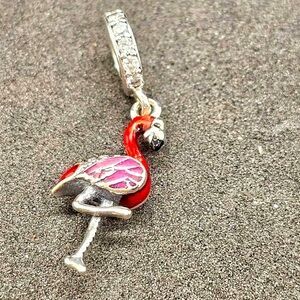 Flamingo Dangle Charm Sterling Silver 925 Pink Red Enamel Tropical Jewelry